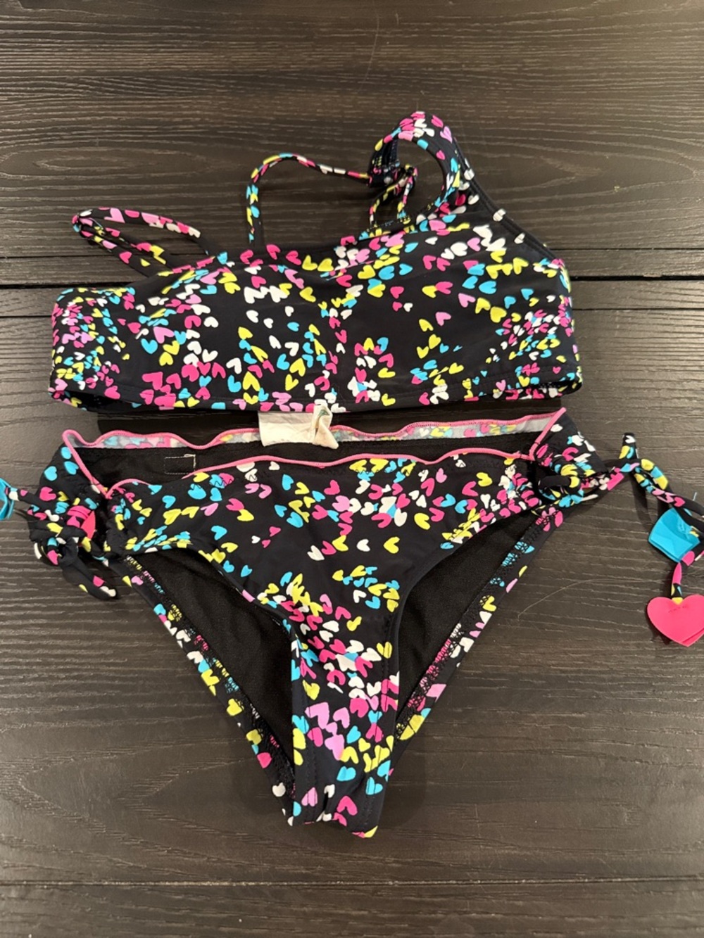 Hobie Black Girls Two-Piece Bikini with Pink, Yellow, Blue & White Heart Print